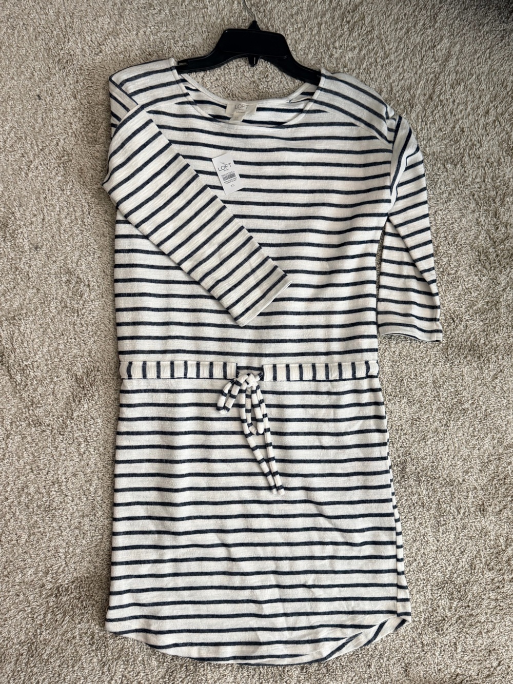 LOFT Navy & Cream Striped Kids Long Sleeve Dress with Waist Tie